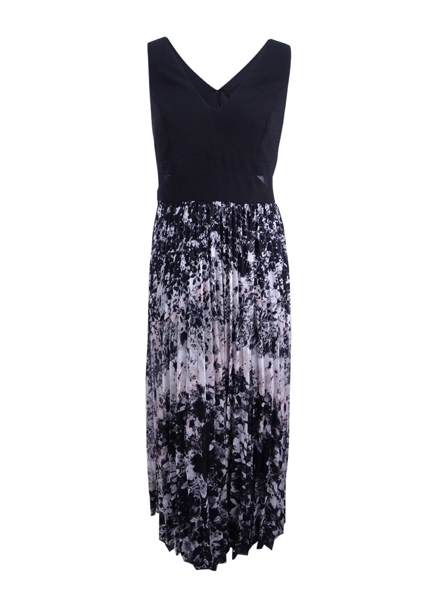 Xscape Women’s Plus Size Printed Pleated Chiffon Gown (14W, Black/White/Pink)