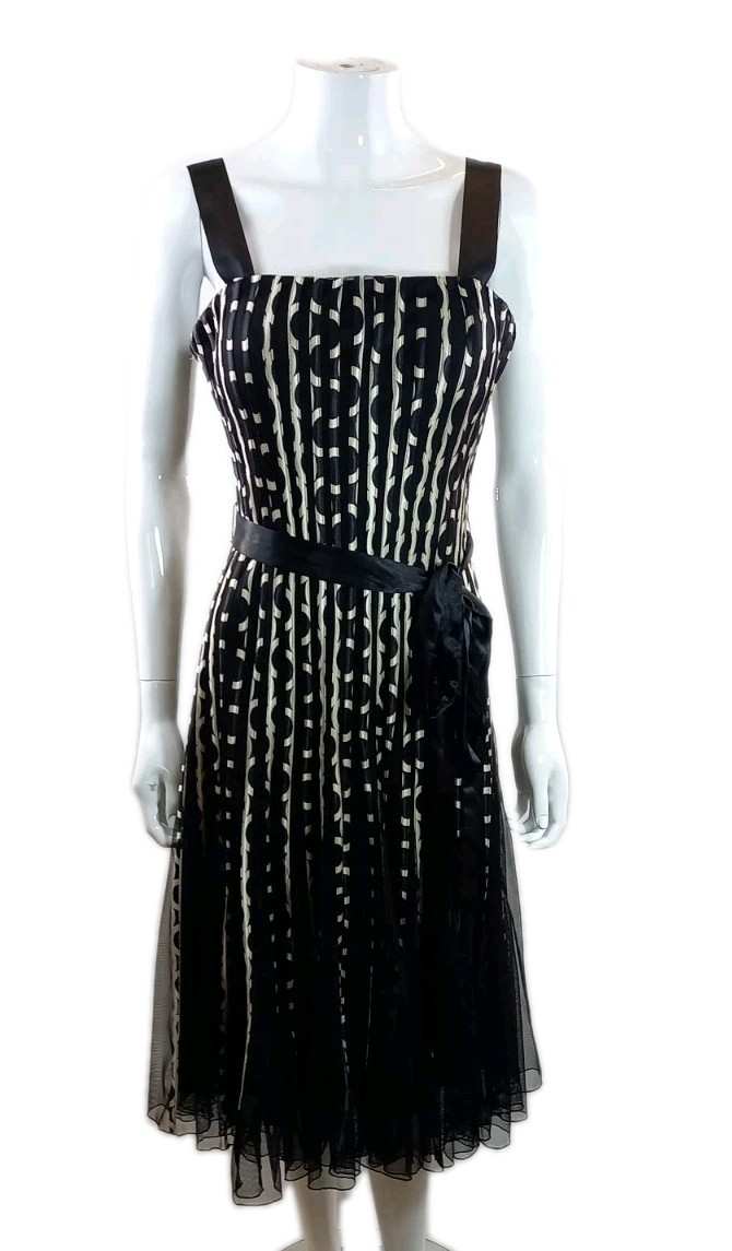 Phase Eight Black Cream Mesh Ribbon Strappy Cocktail Party Dress 100% Poly UK 12