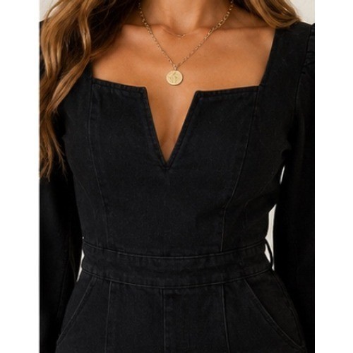Flying Tomato Black Denim Jumpsuit Puff Sleeve Wide Leg Square Neck IP7509 L