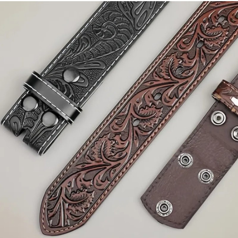 No Buckle Men’s Western Cowboy Belt Strap with Embossed Pattern
