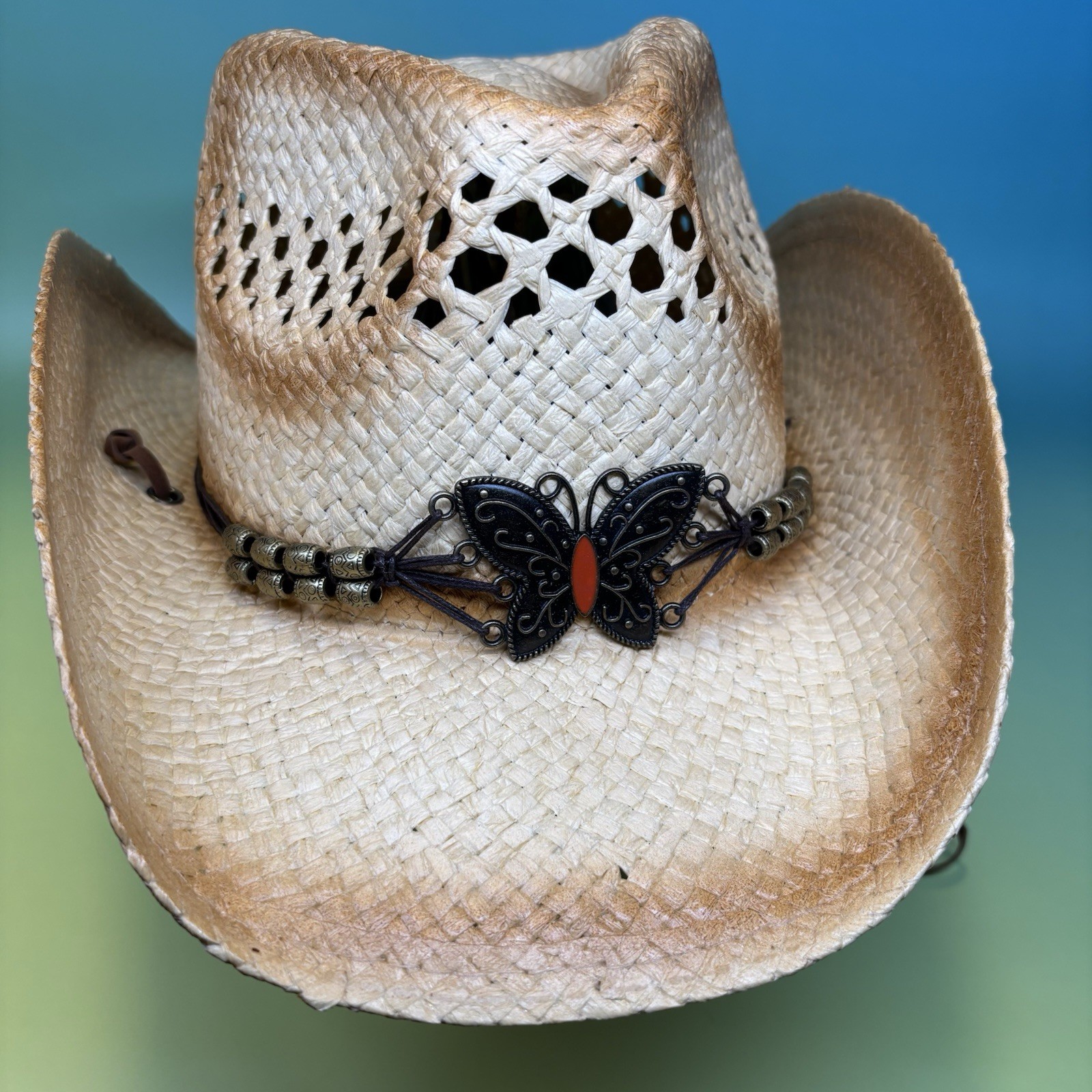 Cowboy Hat Tea-Stained Straw Western, Shapable Brim, 22in/56cm circ, butterfly
