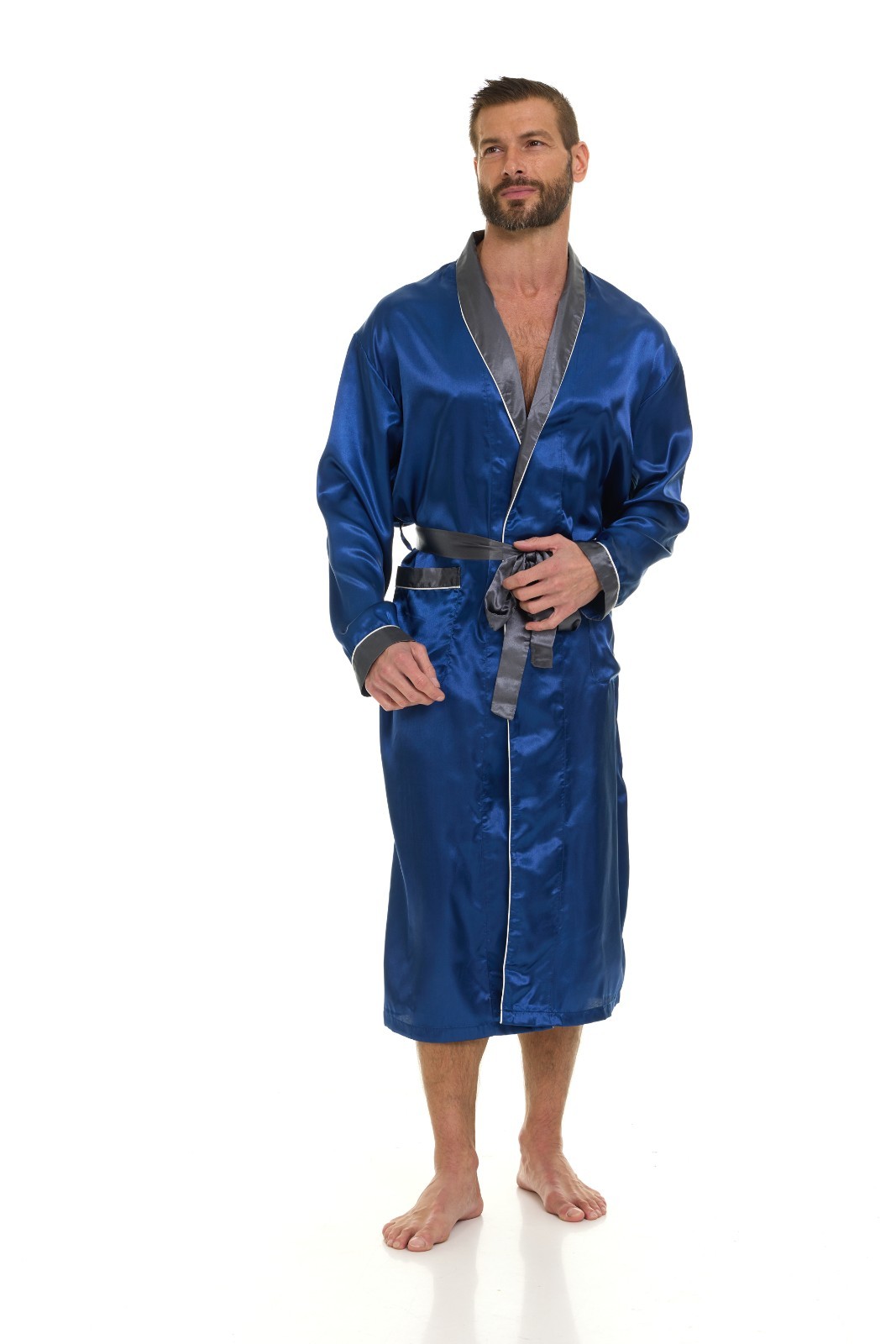 Mens Silk Satin Robe – NAVY / GRAY COLLAR – ” 5 day Delivery – USA ”