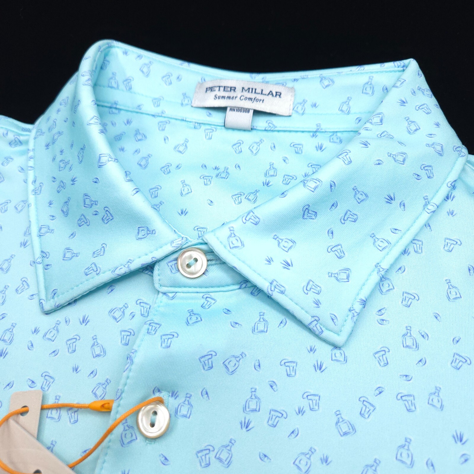 PETER MILLAR GOLF POLO SHIRT -M- AQUA BLUE WHITE COCKTAIL DOT SUMMER COMFORT