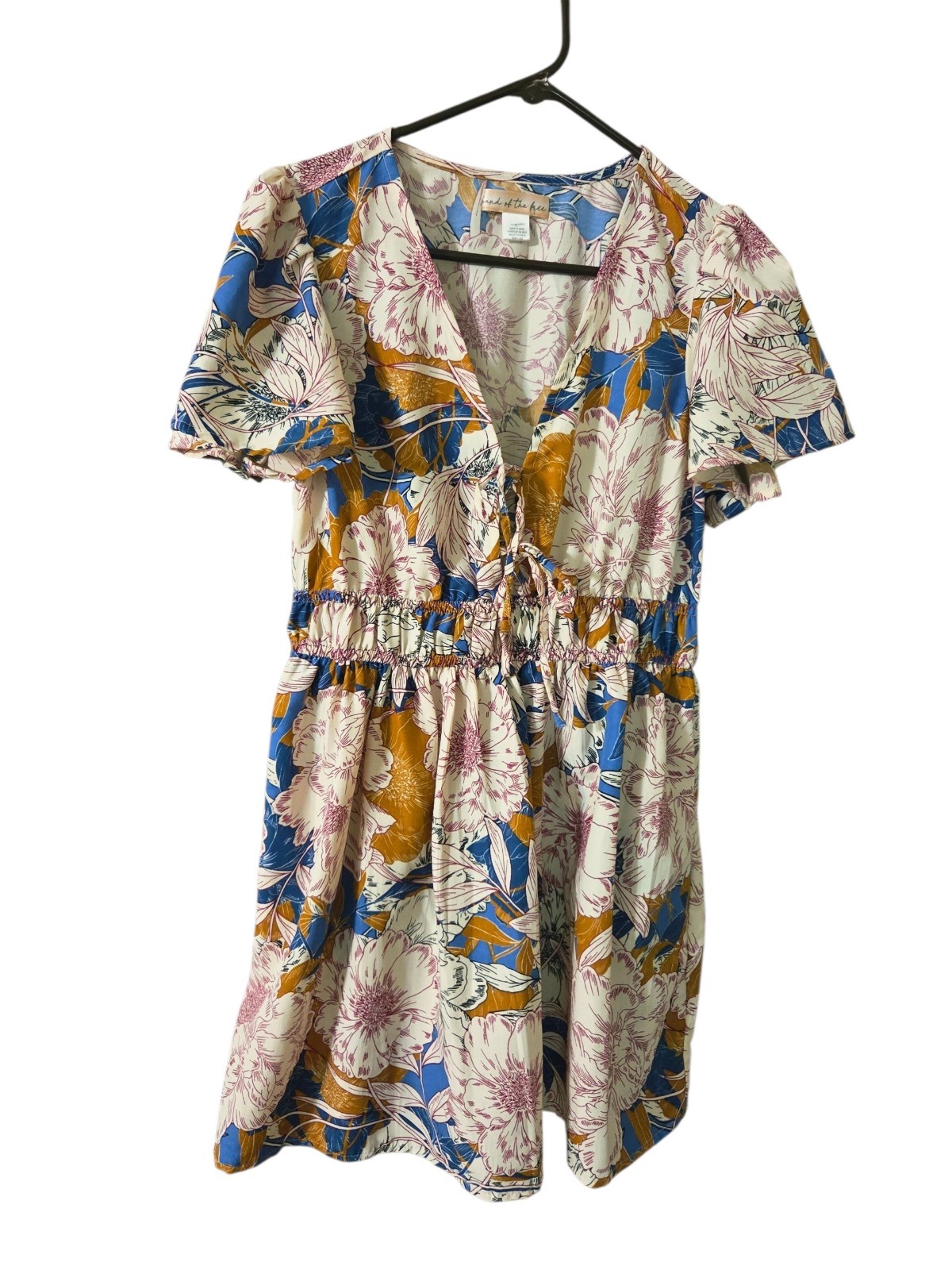 Band Of The Free Blouson Mini/Knee Length Floral Multicolor Short Sleeve Dress L