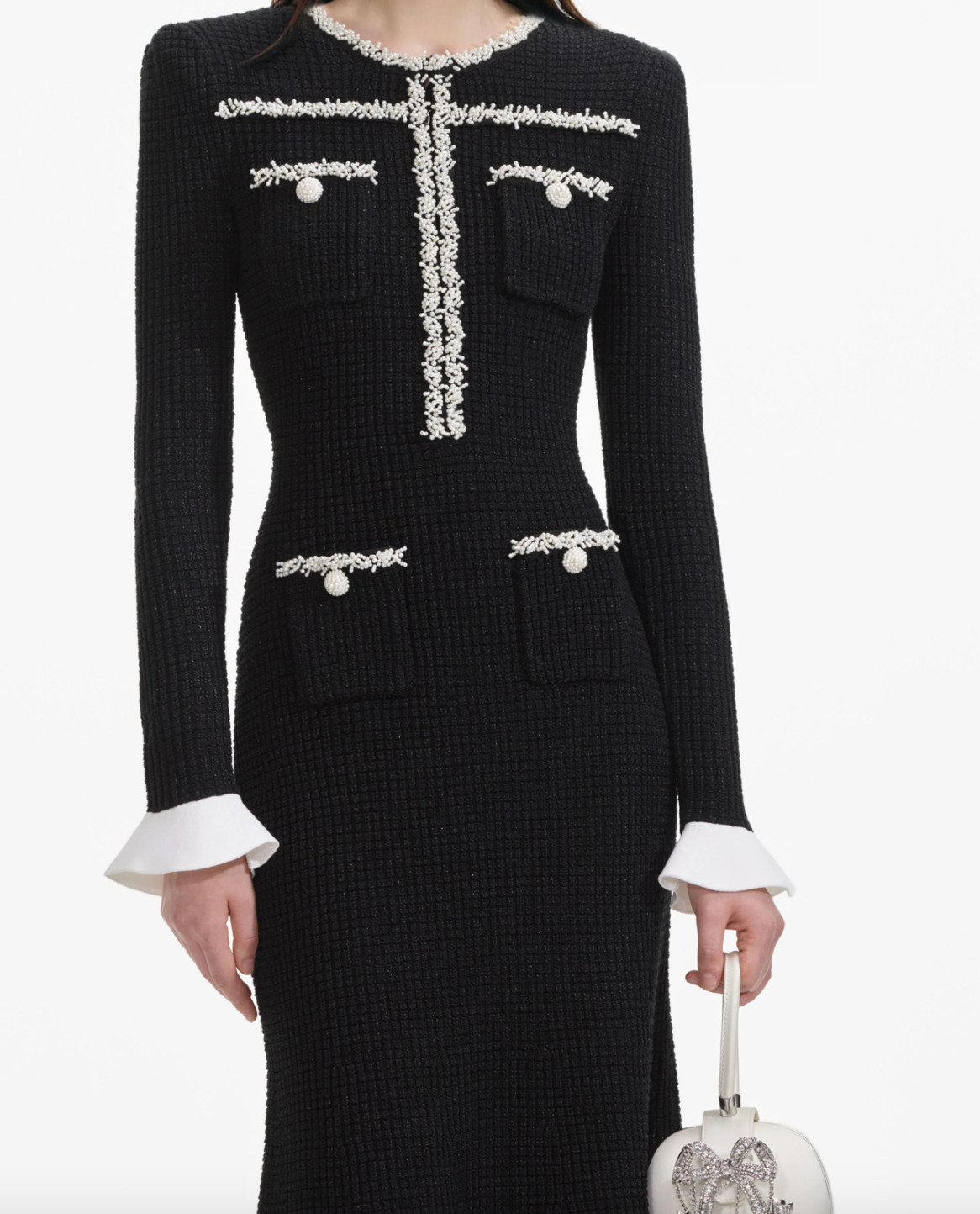self-portrait – Black Pearl Trim Knit Midi Dress Small – MSRP $615 – NWT