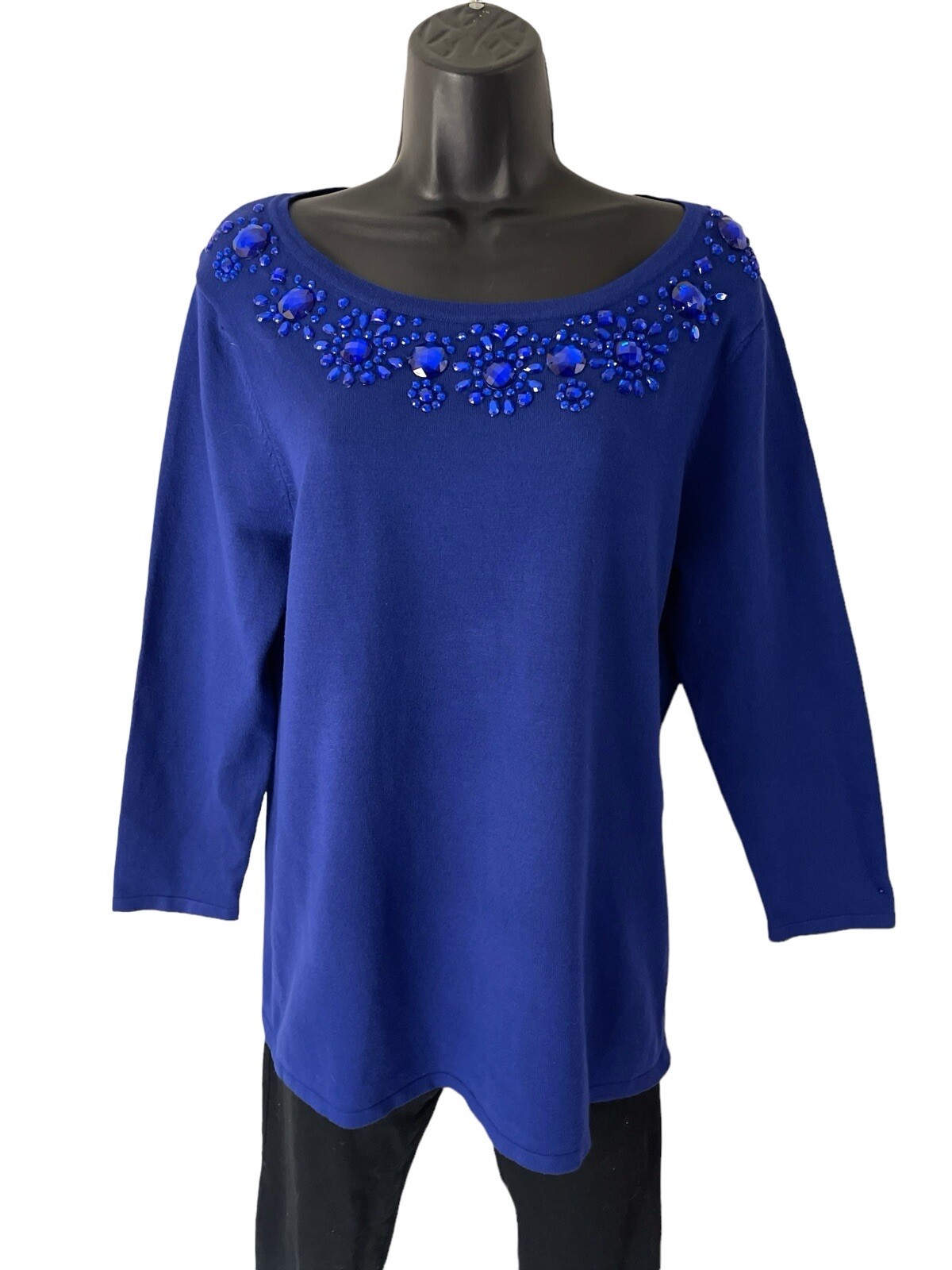Carmen Marc Valvo Top Womens XL Blue Jeweled Scoop Neck Stretch Knit 3/4 Sleeve