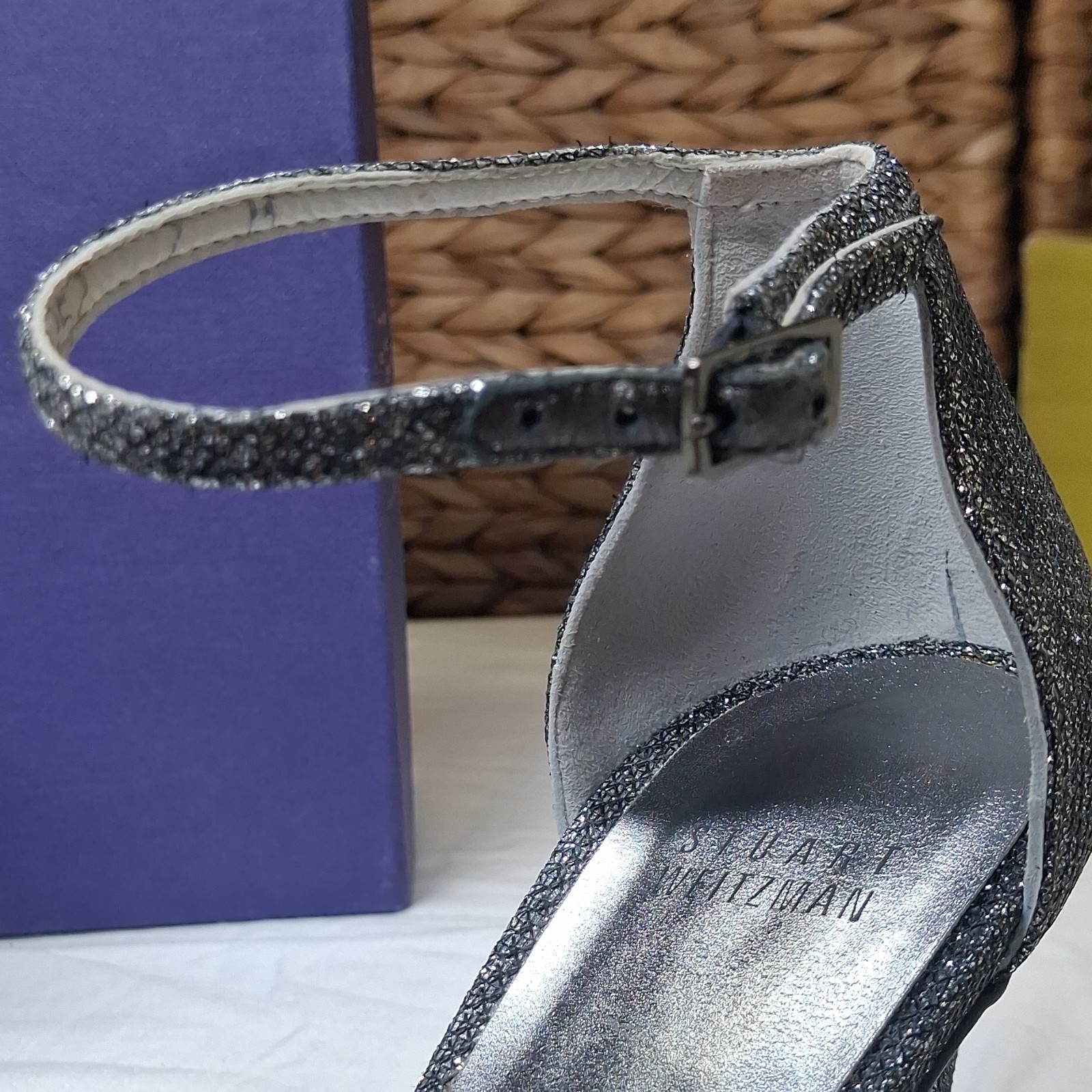 Stuart Weitzman Pewter Glitter Ankle Strap Stiletto Open Toe Heels 7B