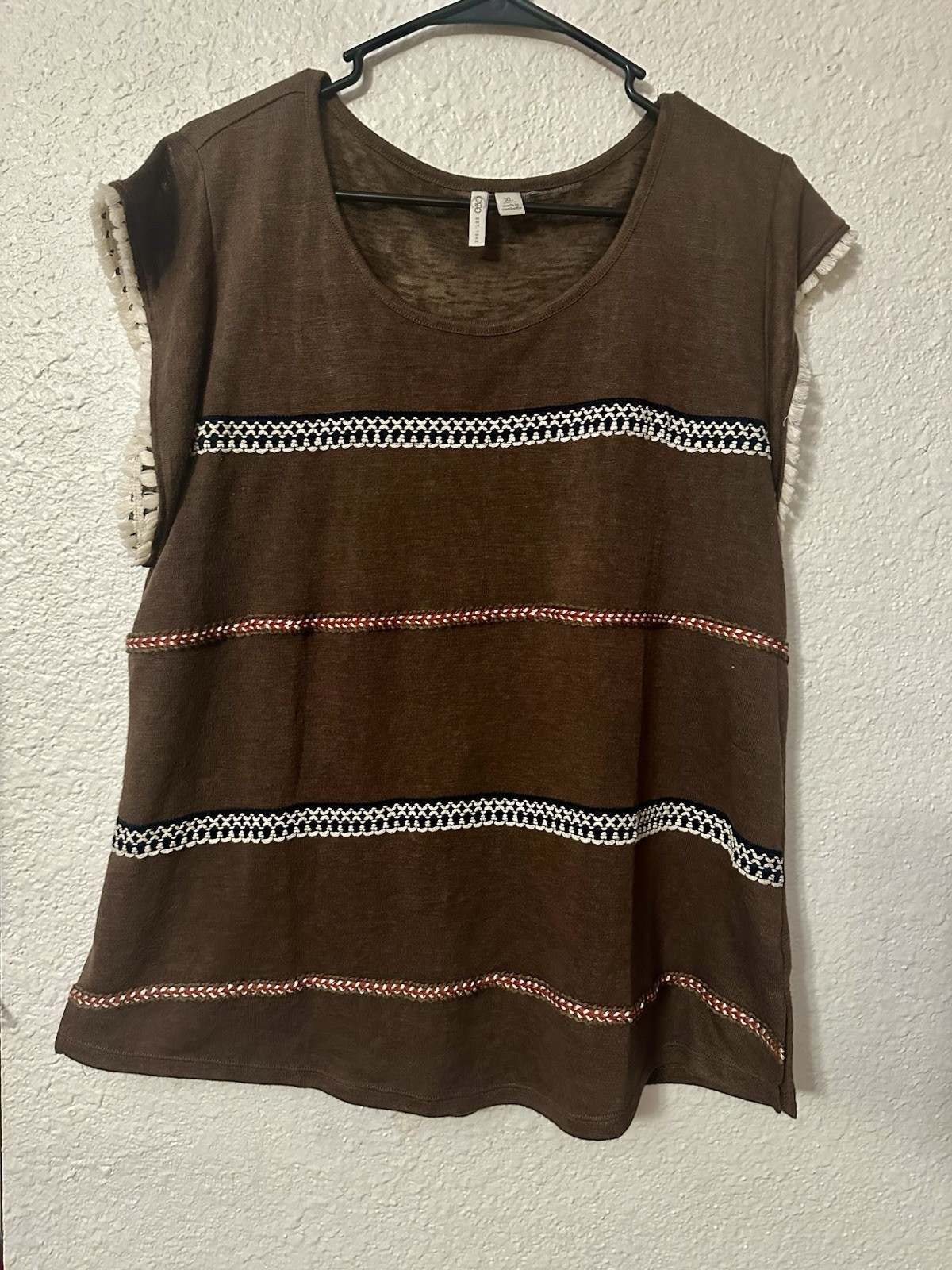Cato Scoop Neck Cap Sleeve Knit Rayon Blend Striped Fringe Top XL