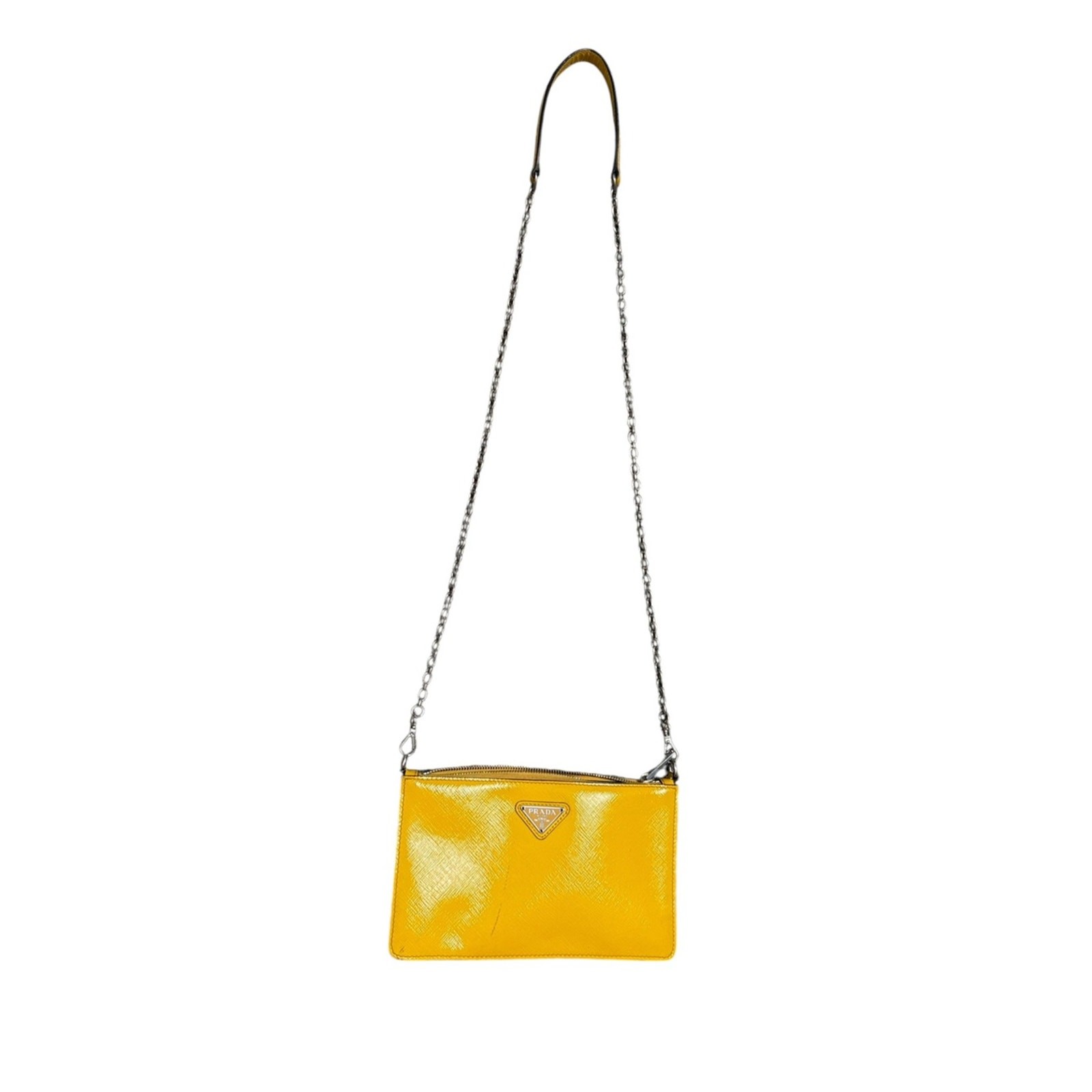 Prada Saffiano Vernice Yellow Patent Leather Triangle Logo Crossbody Bag