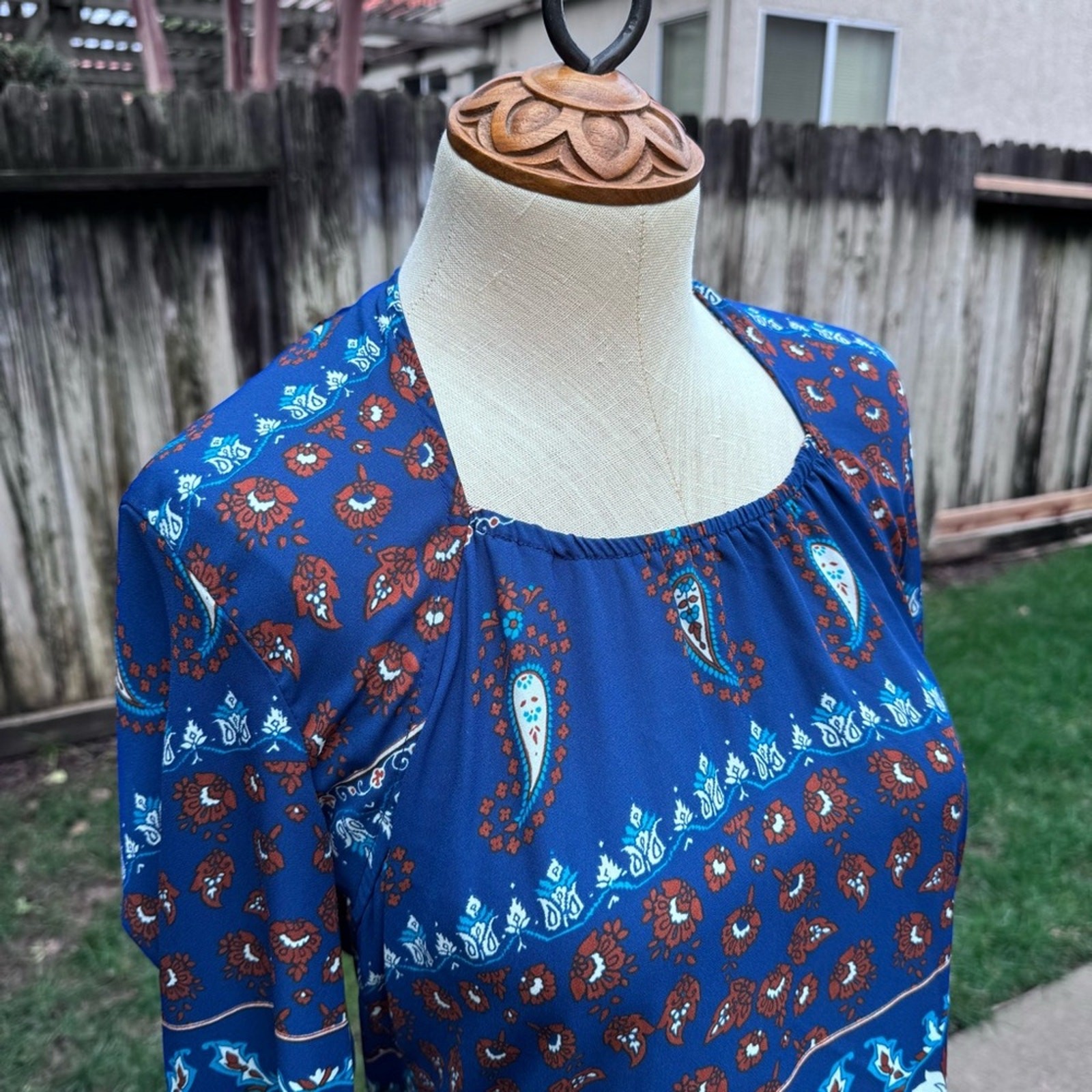 Timing Blue Paisley Boho Button Front Open Back Semi Sheer Blouse Women’s Size S