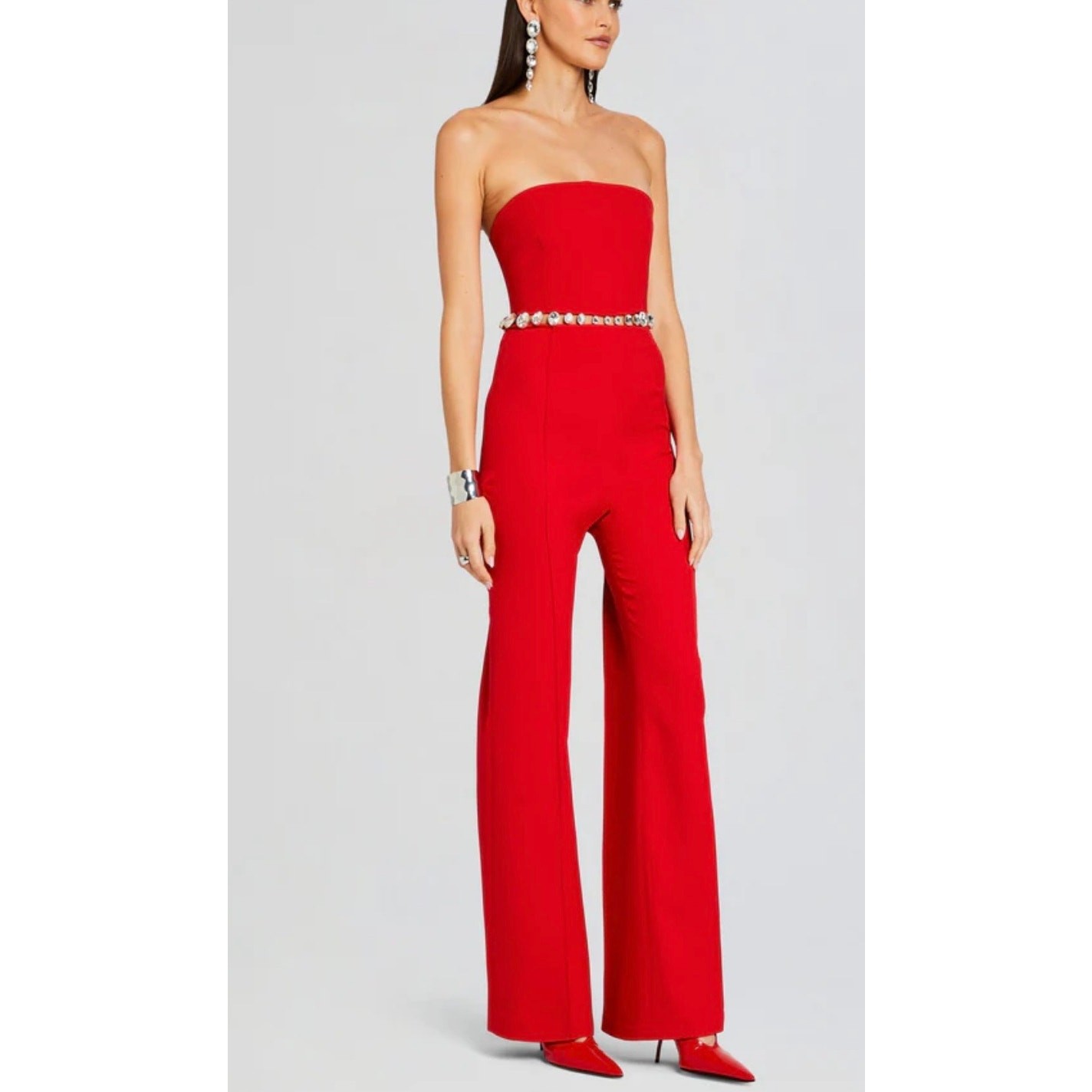 Retrofete Jumpsuit Medium Fiery Red Rhinestone Belt Glam Bling Formal NWT