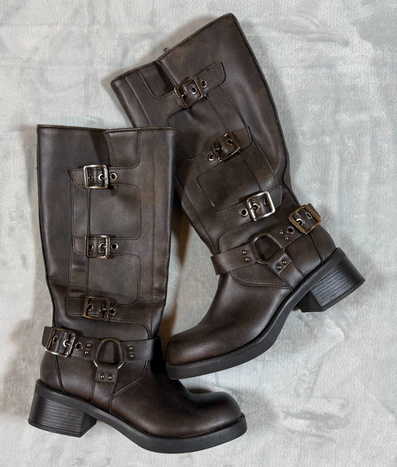 Steve Madden Brock Distressed Leather Tall Boots 6 Moto Buckle Harness Grunge
