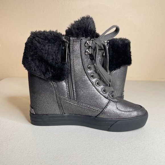 Guess Dustyn Faux Fur Hidden Wedge Sneaker Ankle Boots Size 6.5
