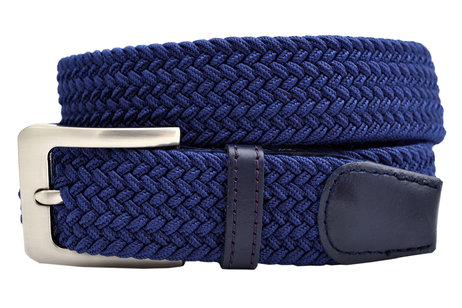 Men’s Elastic 1 1/4″ Wide Fabric Stretch Belt w/ Leather Tabs – Navy Blue