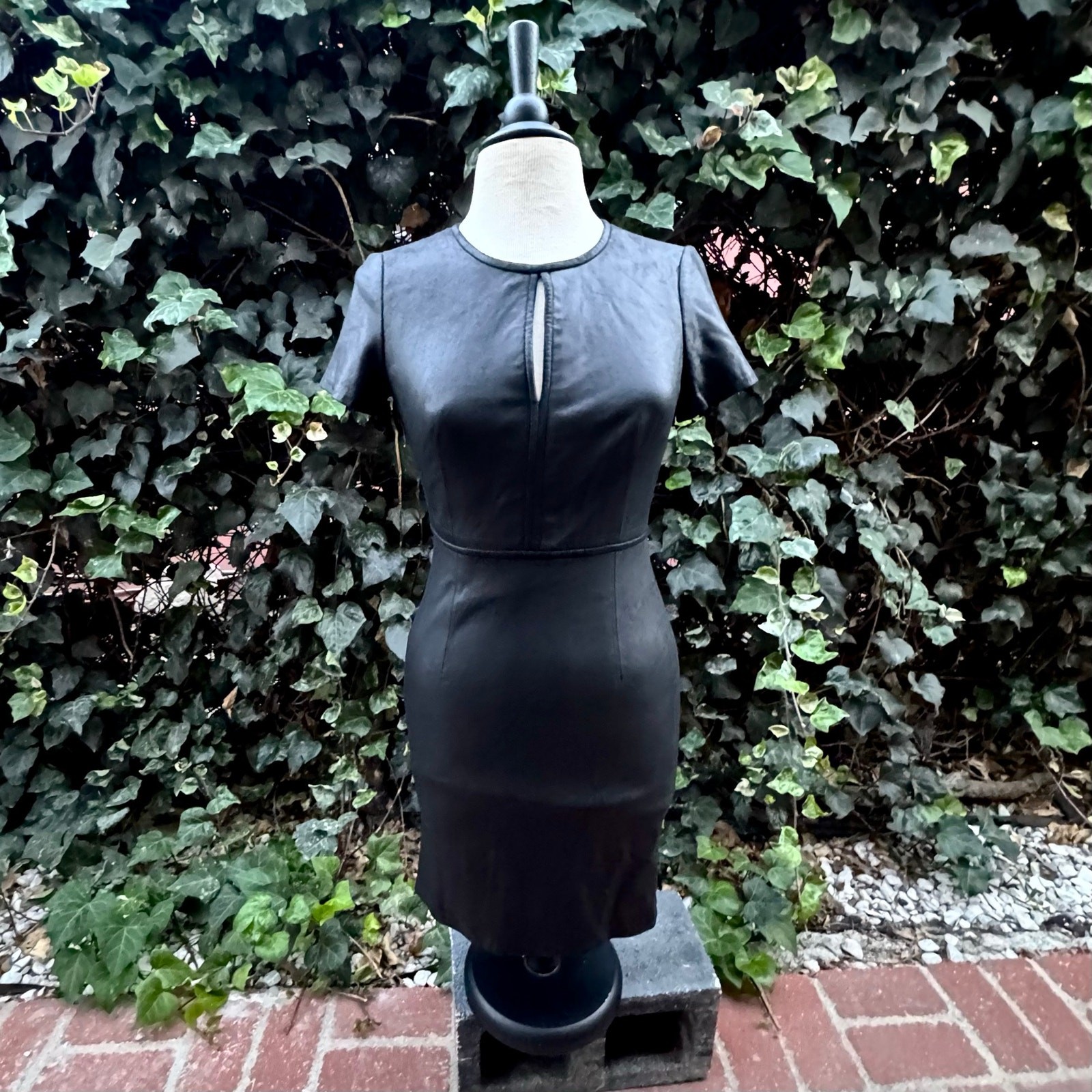 NWT My Tribe Mini Dress, Black Leather Shell, Stretch, Keyhole Round Neckline