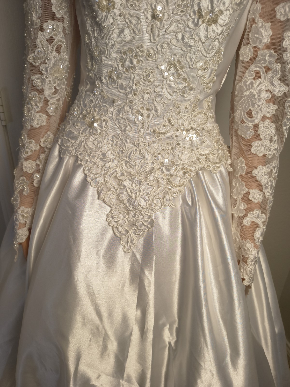 Vintage Victorian High Neck Wedding Dress Satin Lace 80s 90s Size 8 Mori Lee -43