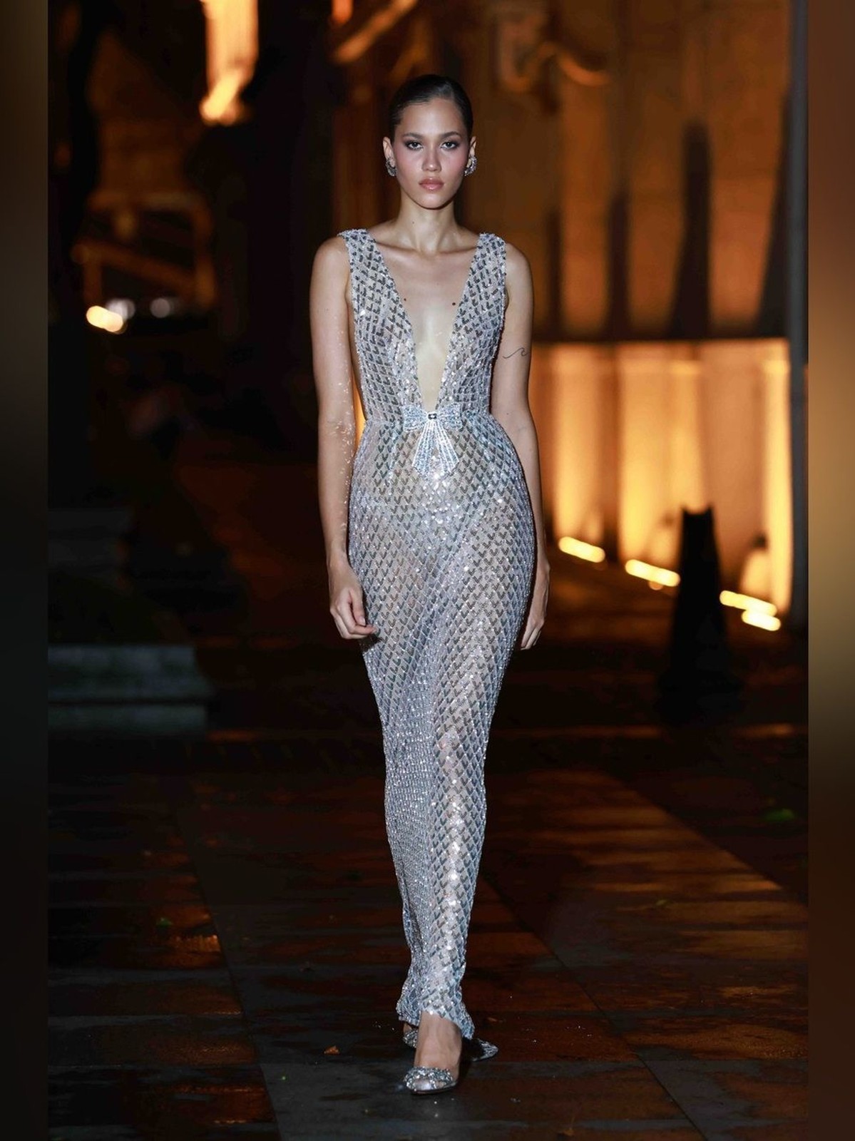 NEW BRONX BANCO Liora Silver Bridal Gown/ Plunging Sequin Evening Dress, S