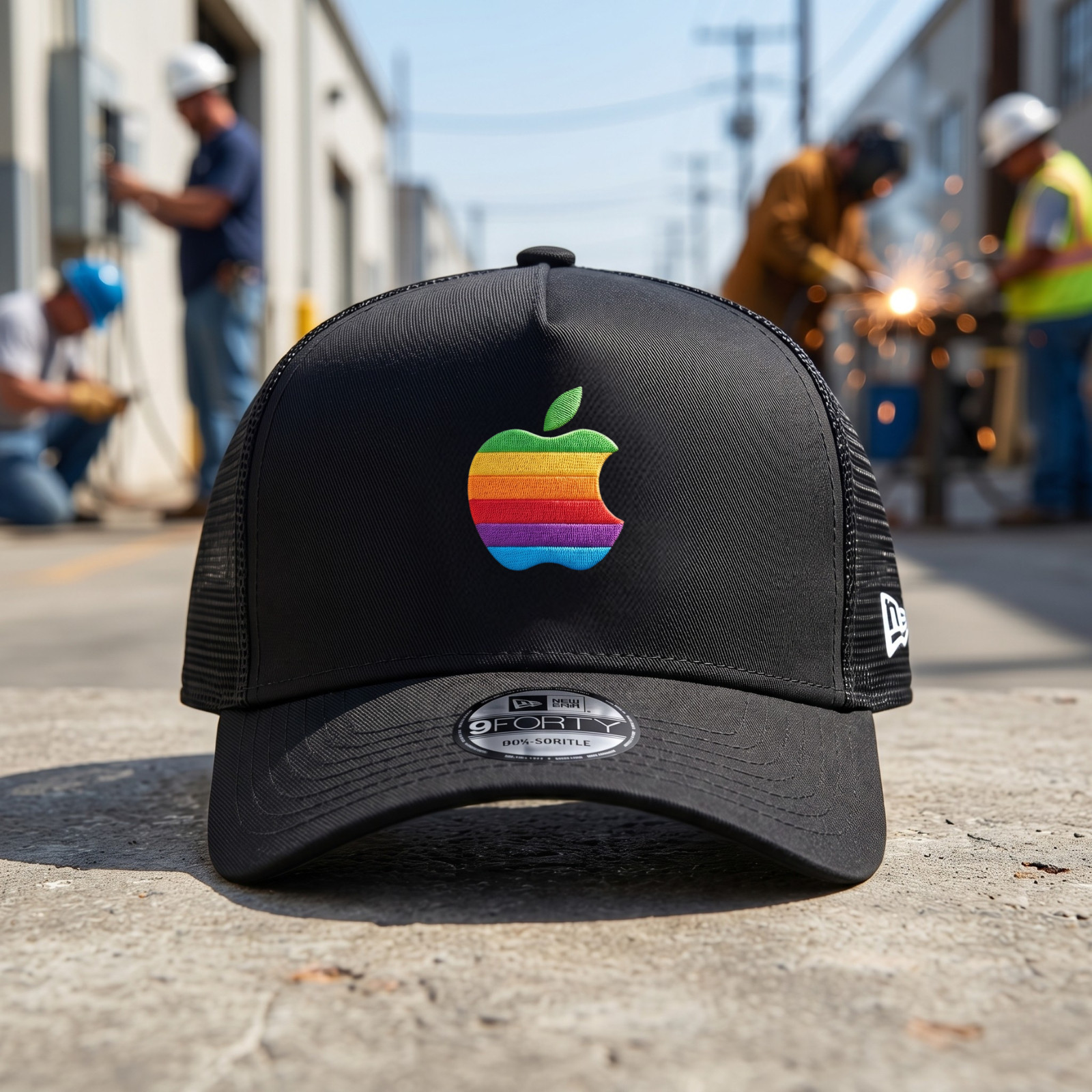 Apple Vintage Rainbow Embroidered Black Trucker Hat 9FORTY Mesh Cap