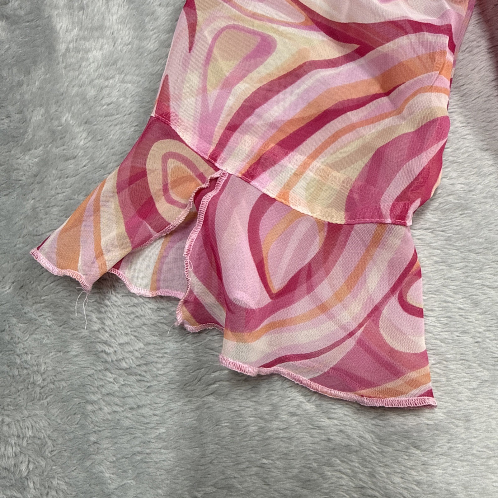 Nicola Button Blouse Women Small Pink Swirl Psychedelic 3/4 Sleeve Ruffle Cuff