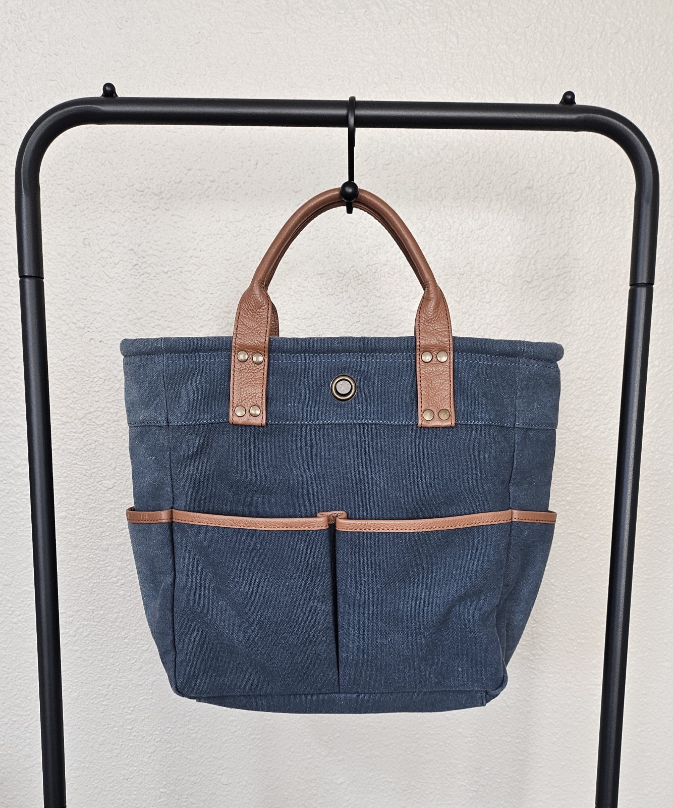 LEVENGER Blue Navy Dark Denim Canvas Brown Leather Medium Pocket Tote Bag Purse