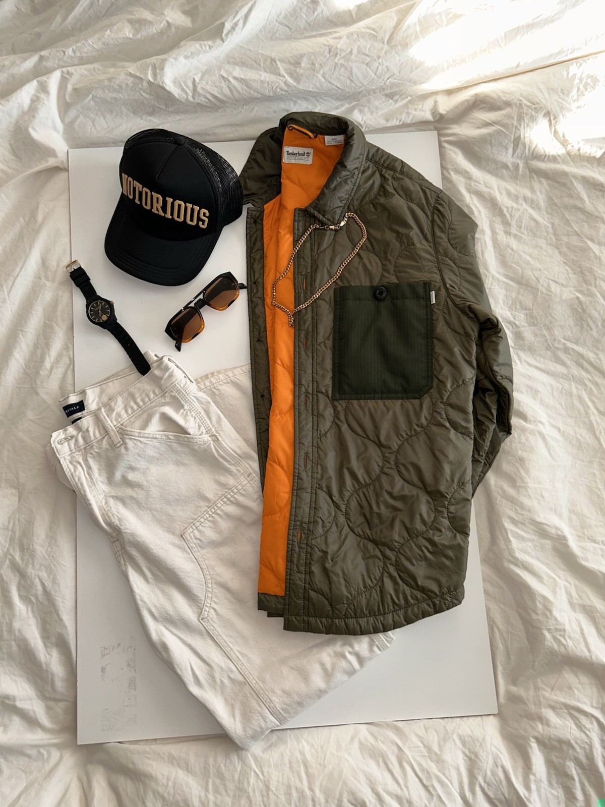 Timberland Quilted Button Lightweight Mid-Length Jacket Green Orange Men’s M