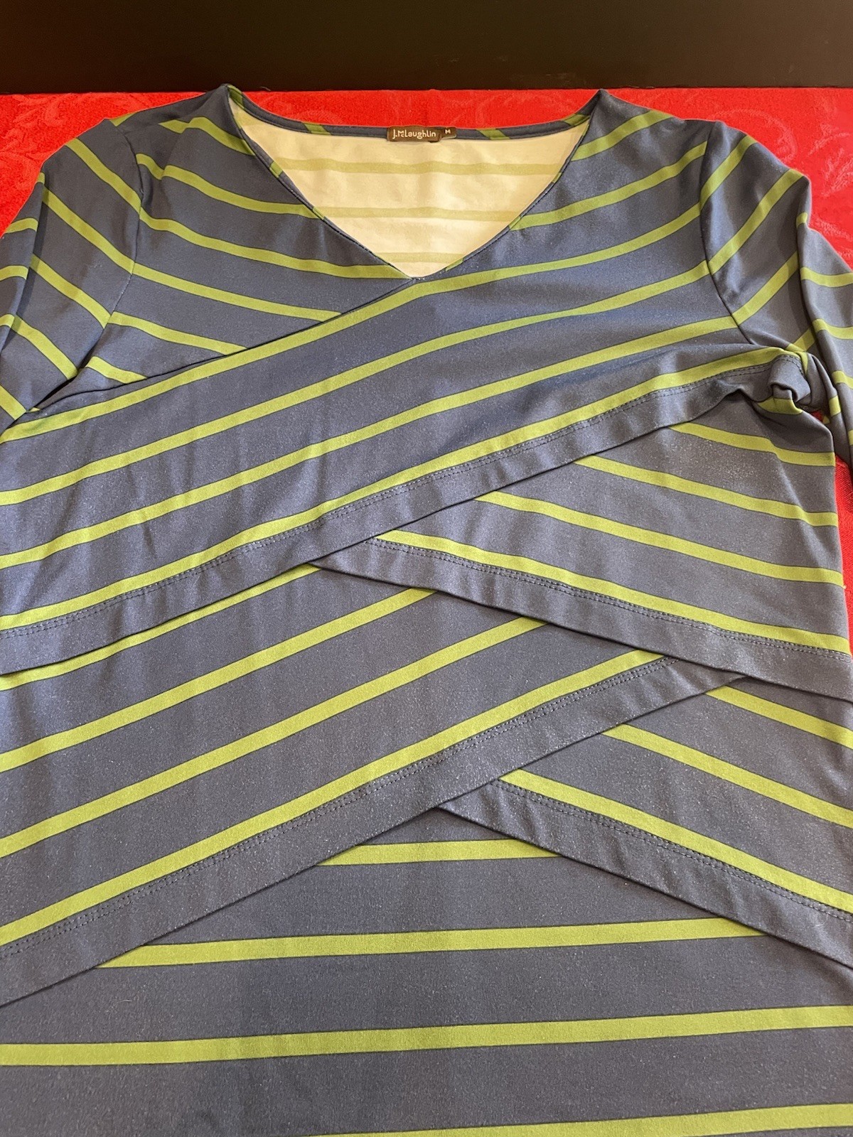 J. McLaughlin Blue w Green Stripes Catalina Cloth Layers In Front Sz Med 3/4 Sle