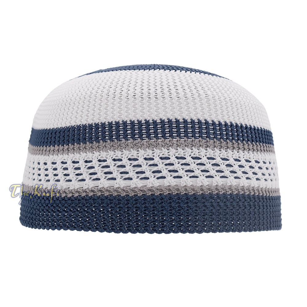 100% Nylon Muslim Kufi Skull Cap – White and Navy Blue with Gray Stripes Hat