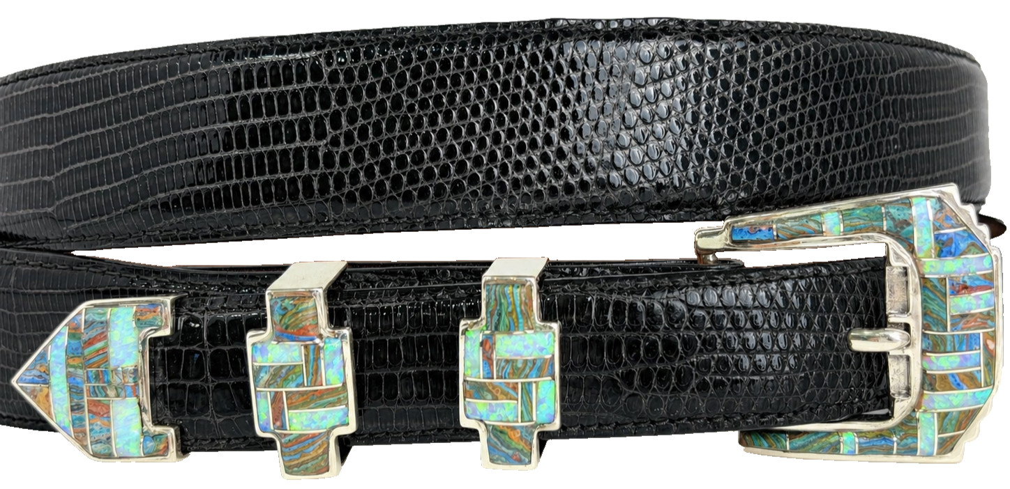 Sterling Silver Ranger Rainbow Calsilica Opal Stones Inlay Belt Buckle 40 Lizard