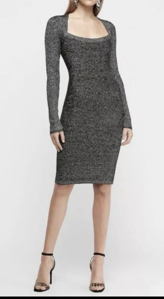 Express Women’s Size Large Black/Silver Knit Bodycon Sweater Dress Square Neck