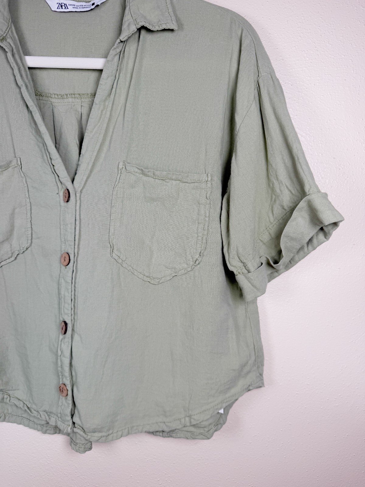 Zara Linen Blend Crop Shirt Women’s XS Sage Green Cottagecore Summer Top