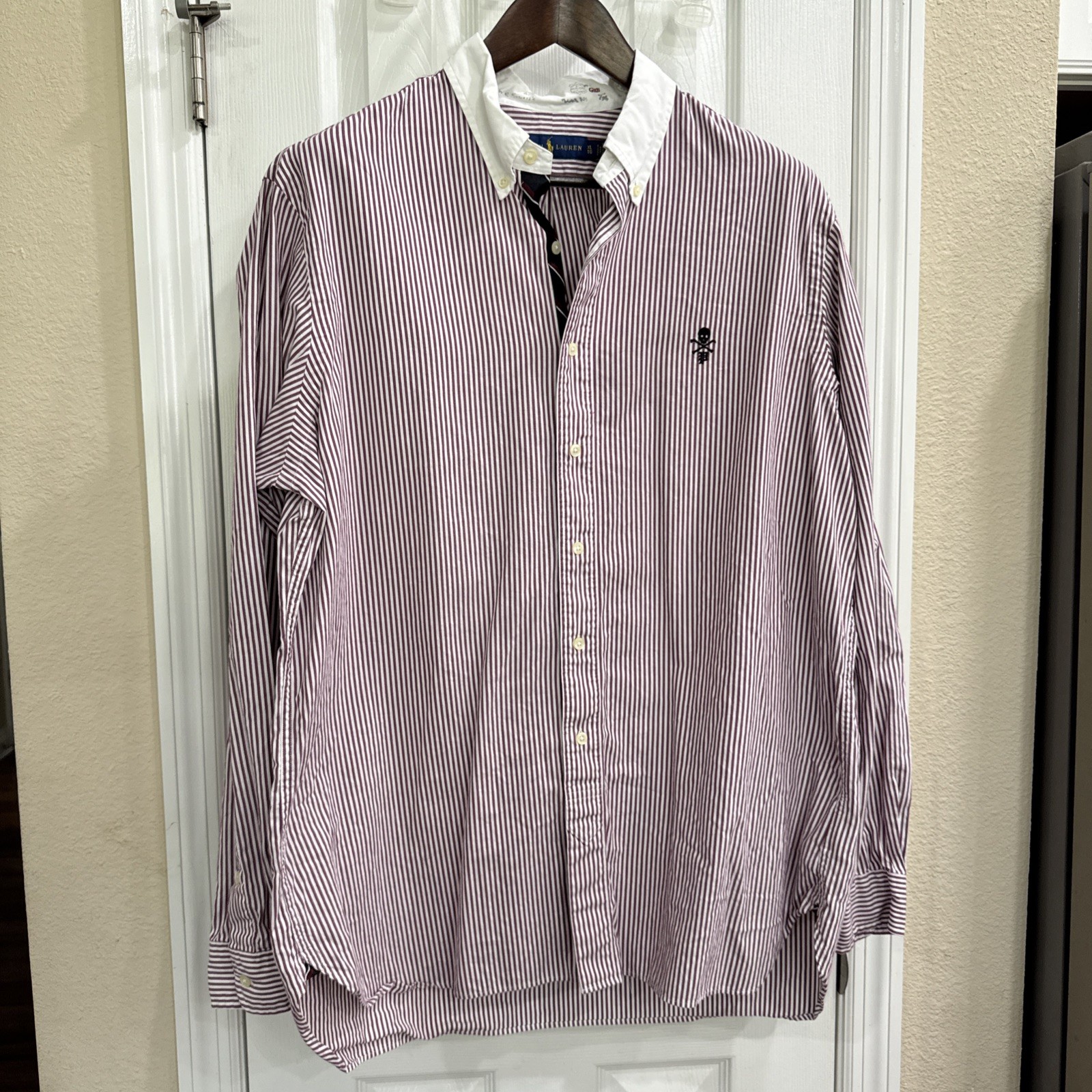 Ralph Lauren Rugby Shirt Men’s XL burgundy Striped White Collar Long Sleeve