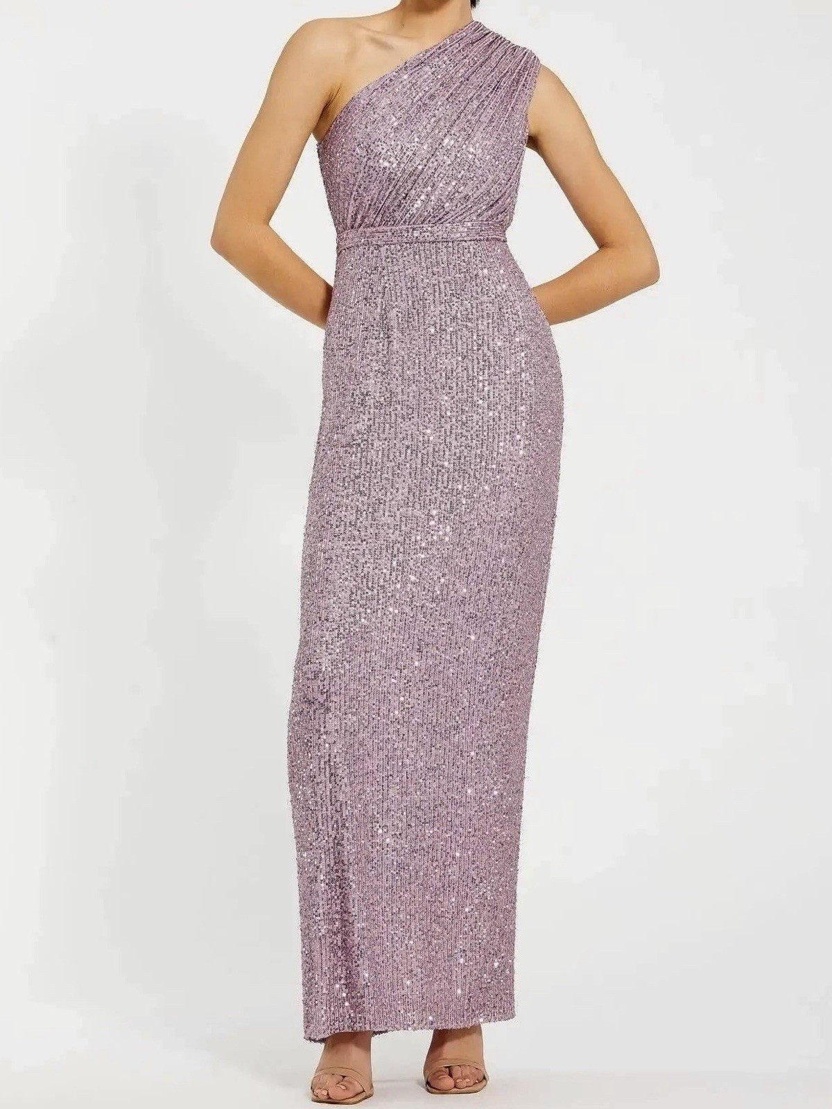 Mac Dugga Lilac Purple Sequined Ruched One Shoulder Gown New Size 14