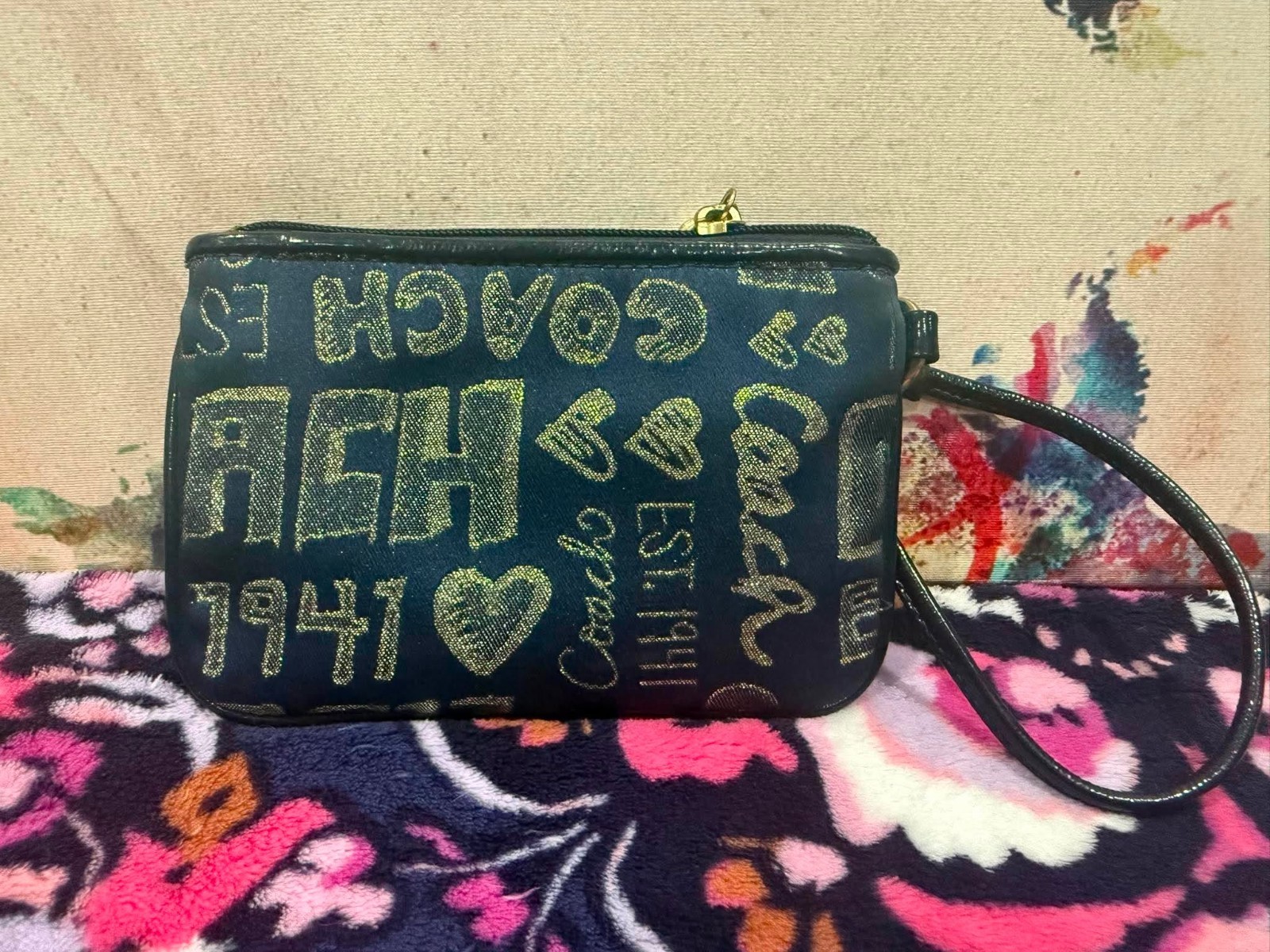 Coach Poppy Wristlet Small Wallet Pouch Blue Gold Leather Trim Canvas 0030