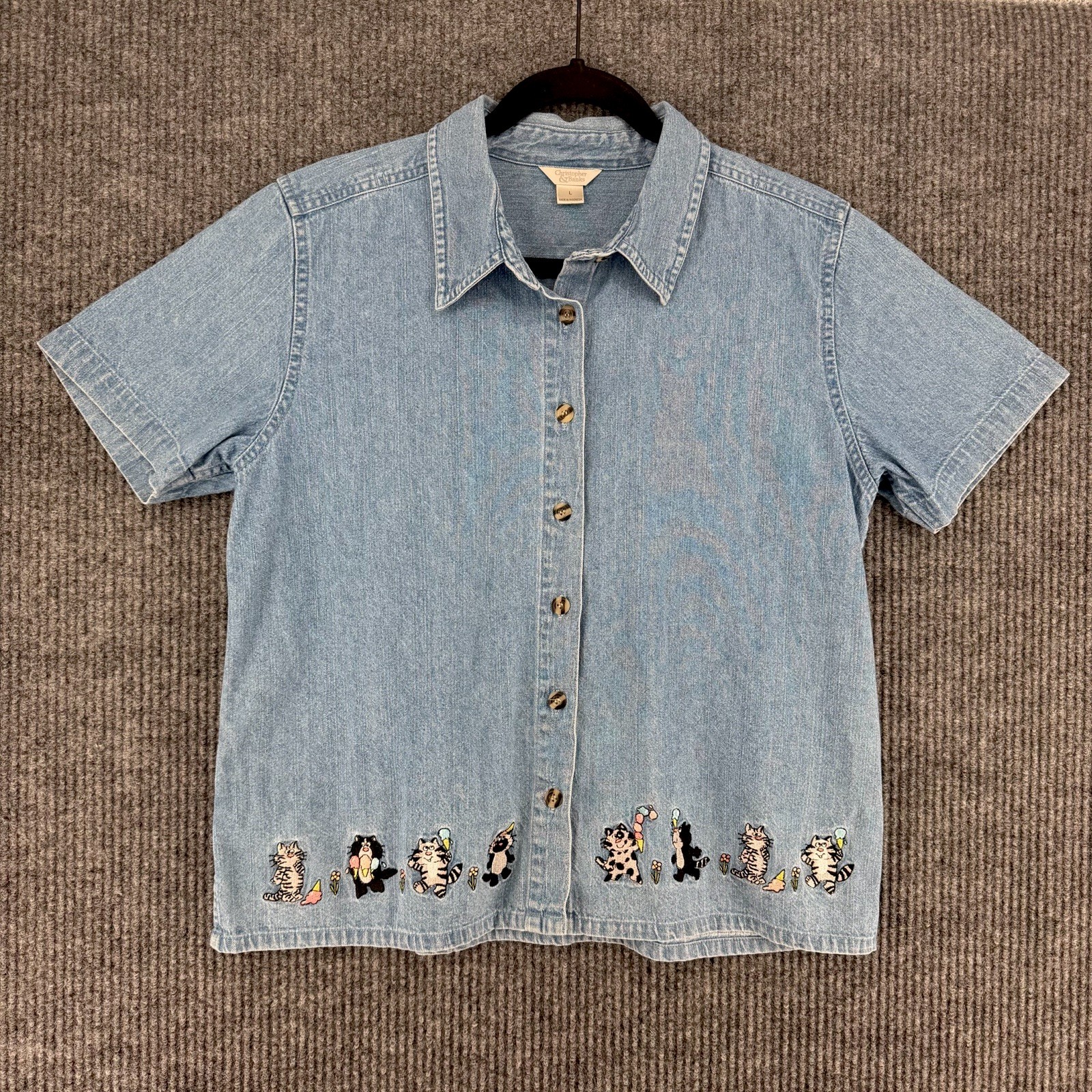 Vintage Christopher & Banks embroidered cat whimsical denim button front shirt
