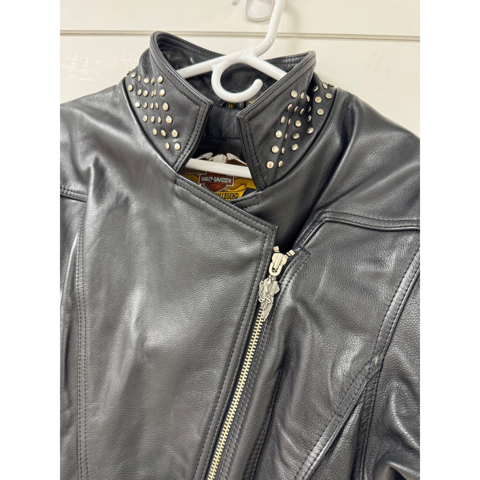 Harley-Davidson Womens Black Leather Studded Belted Moto Biker Jacket Cropped