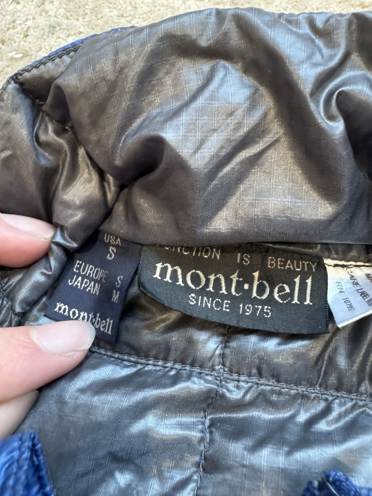 Montbell Down Puffer Jacket Mens Size Small Blue Ultralight Full Zip Outdoor