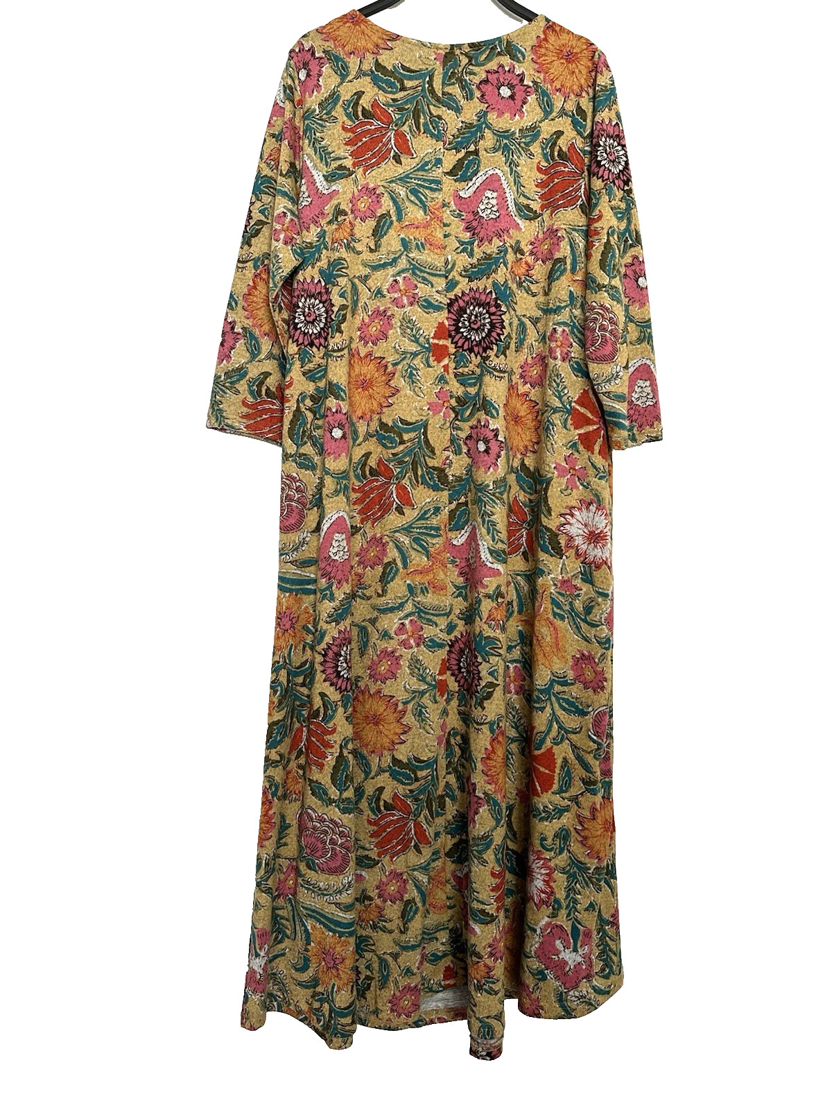 Natural Life Lottie Dress Mustard Floral Print Knit Long 3/4 Sleeve Pocket Sz L