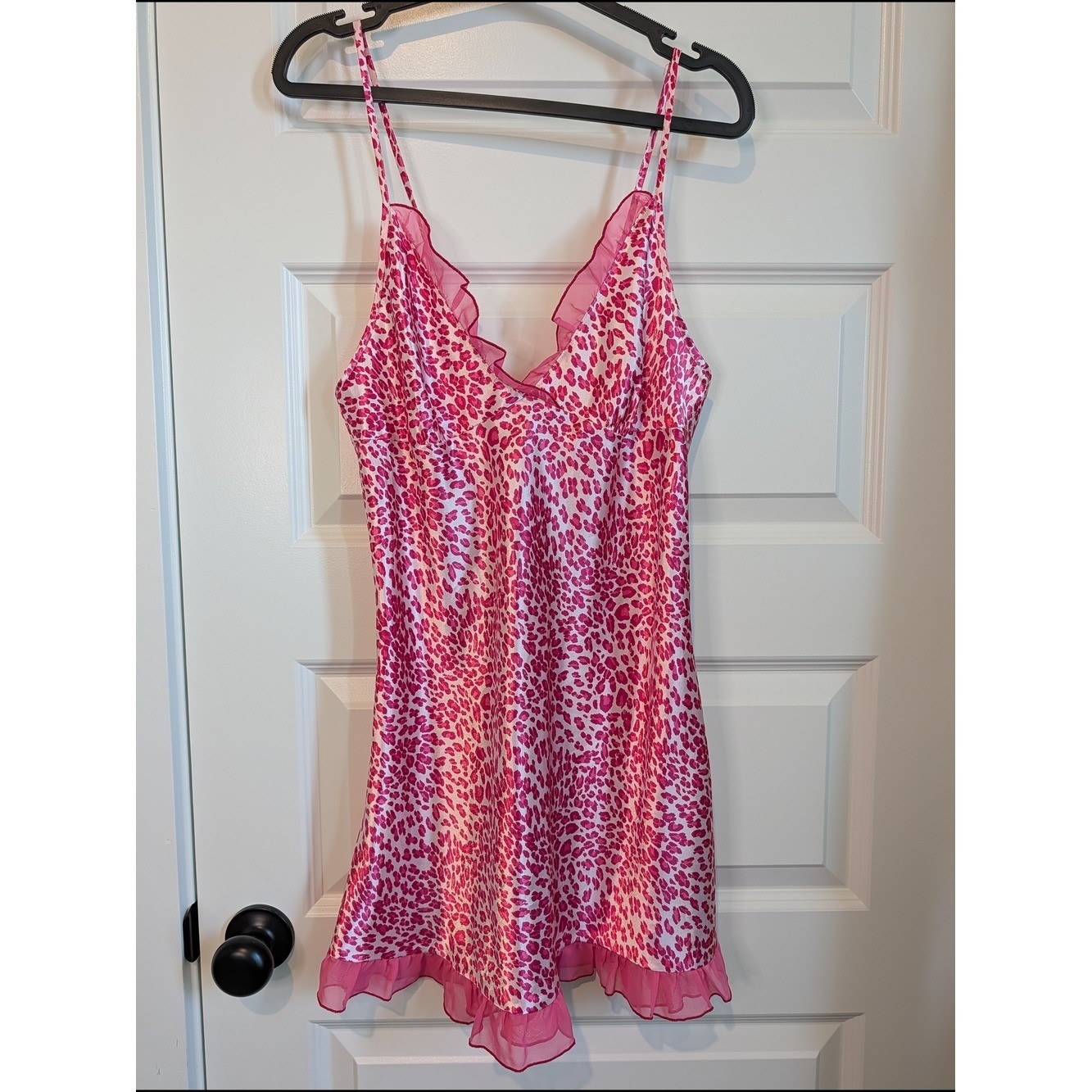 Kathryn Pink Leopard Ruffle Satin Chemise Slip