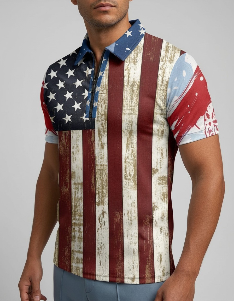 Patriotic Polo T-Shirt Men USA American Flag Distressed Golf Fashion Zipper Soft