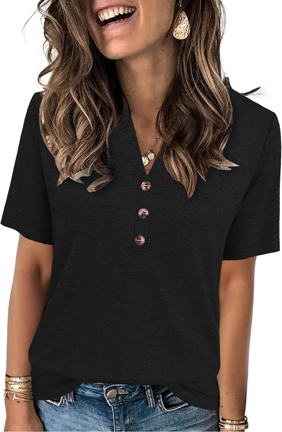 Women’s Short Sleeve Summer Top V Neck Button Down Casual Blouse for Work Beach