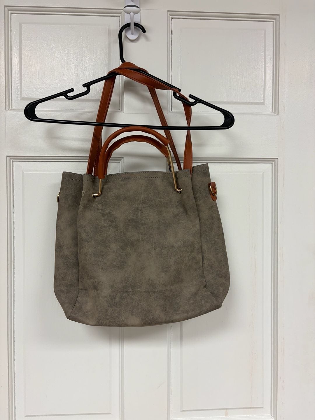 Grey Faux Suede Convertible Tote Bag with Aztec Embroidered Strap