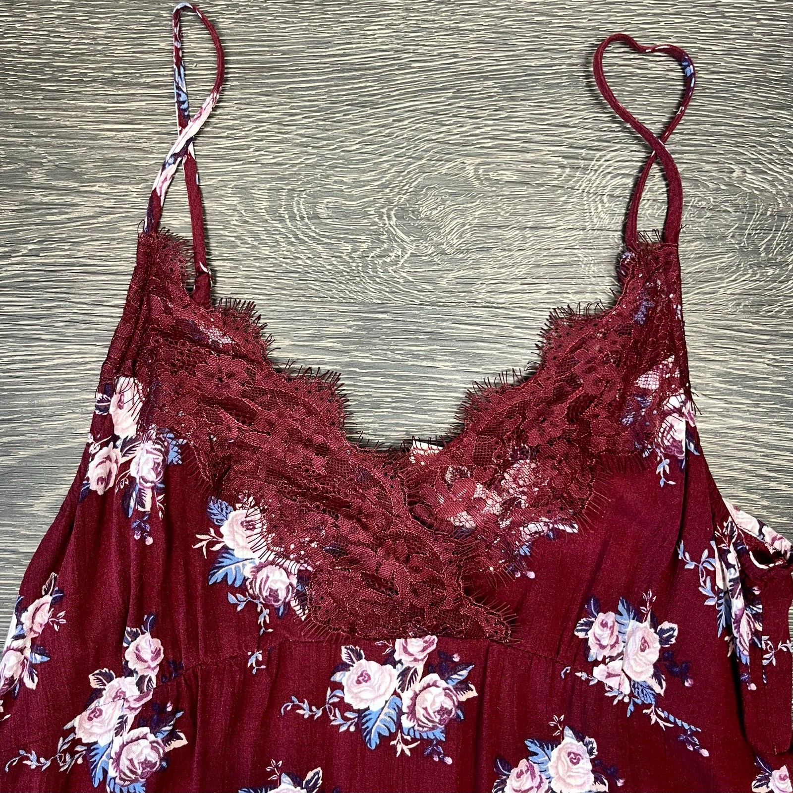 American Eagle Womens Y2k Babydoll Mini Burgundy Floral Dress Small Boho Lace