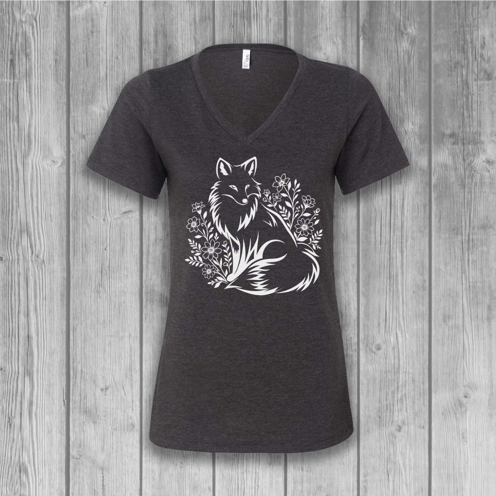 Fox Wildflowers Short Sleeve V-Neck T-Shirt for Women, Cottagecore Graphic Tees