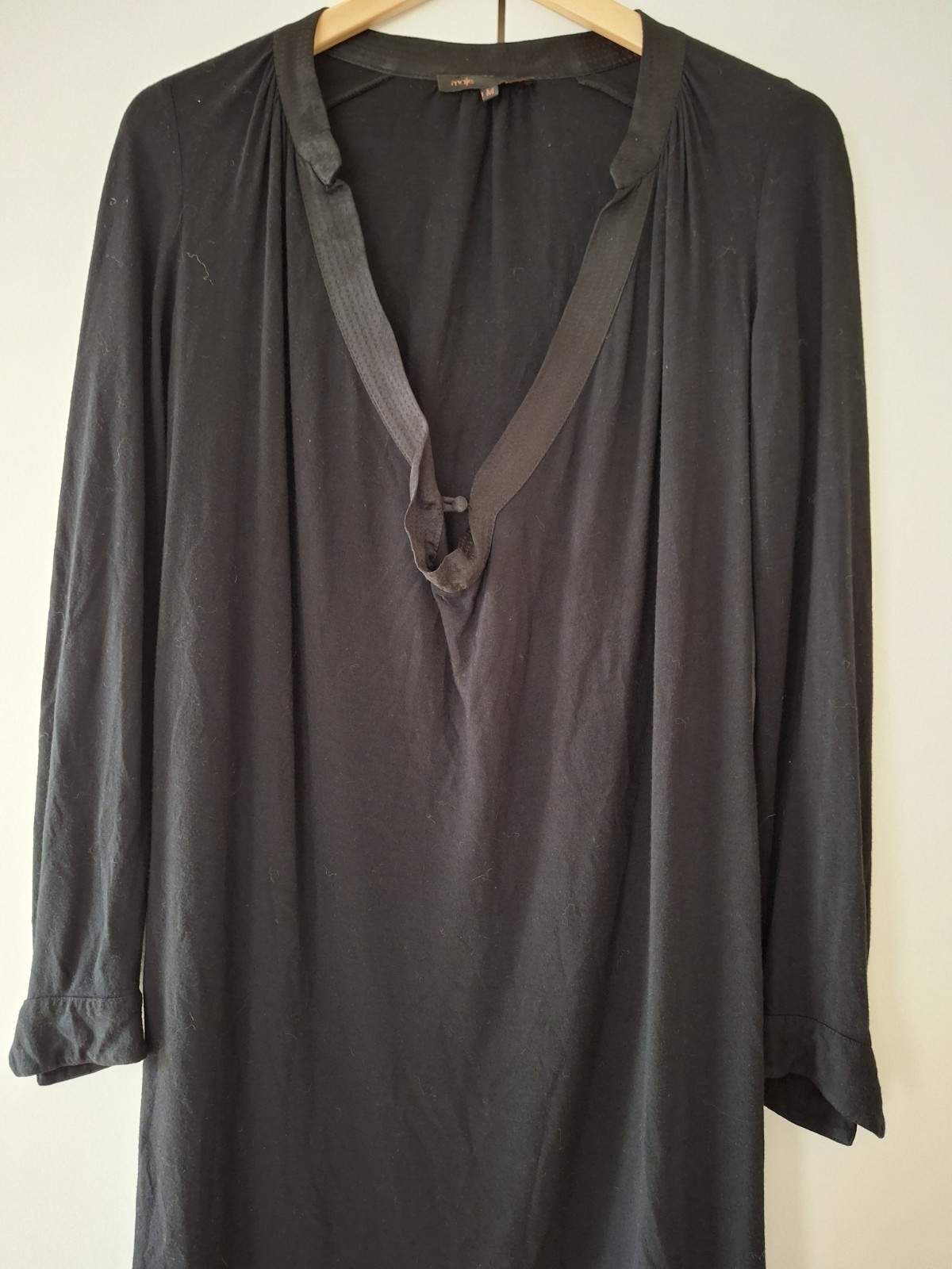 Maje Wool Viscose Black Dress With Cloth Button Closure, Made In France, Size M