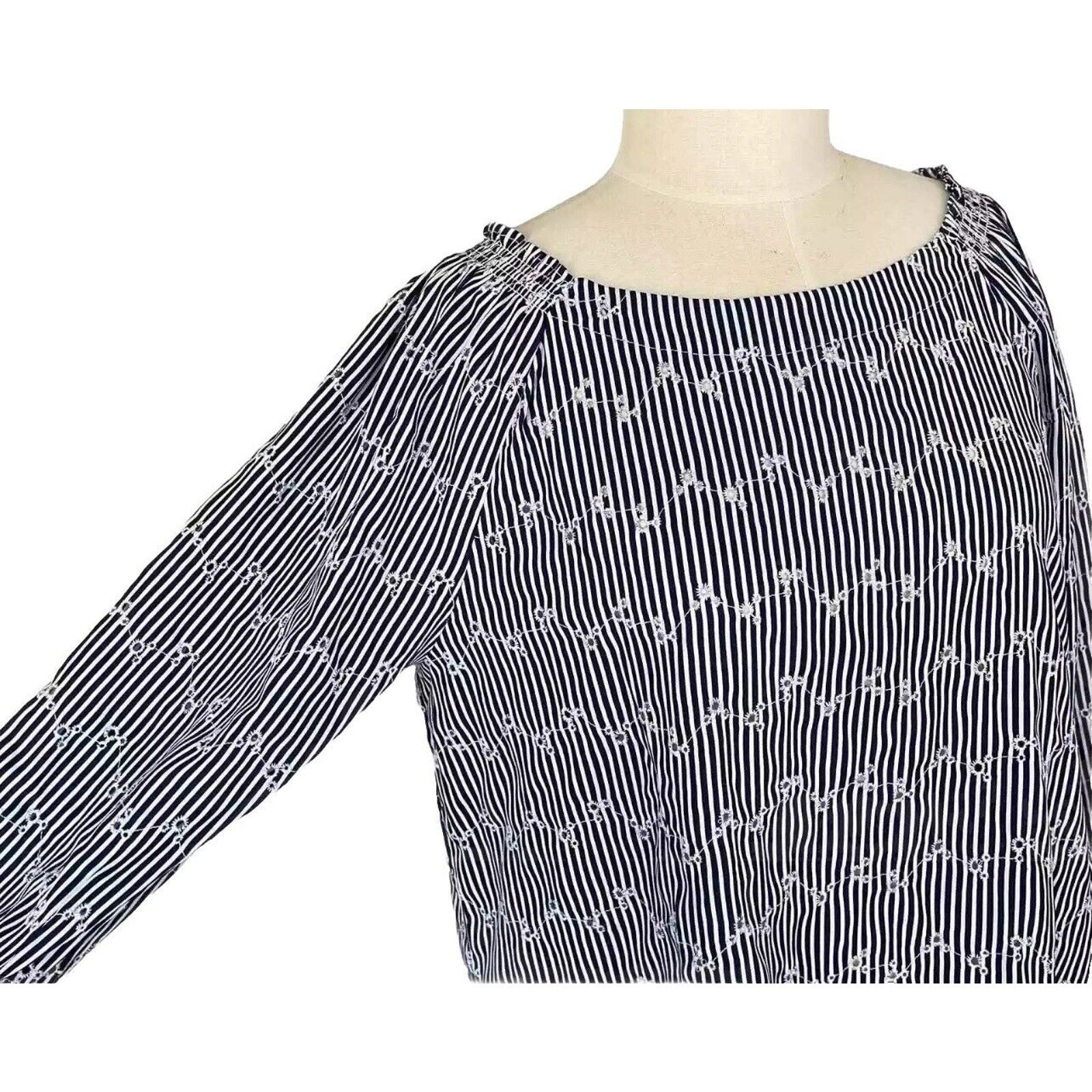 LOFT Outlet Eyelet Blouse Size XL Navy Blue Stripe Gathered Shoulders 3/4 Sleeve