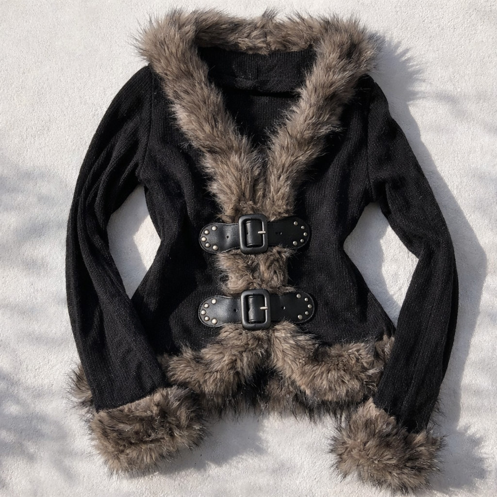 Y2K Black Faux Fur Trim Buckle Knit Cardigan Jacket Goth Grunge Womens XS S M L