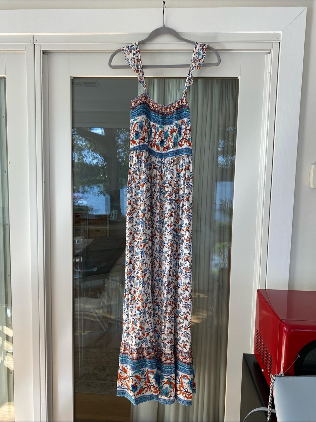Umgee White Maxi Dress with Blue and Orange Floral Print