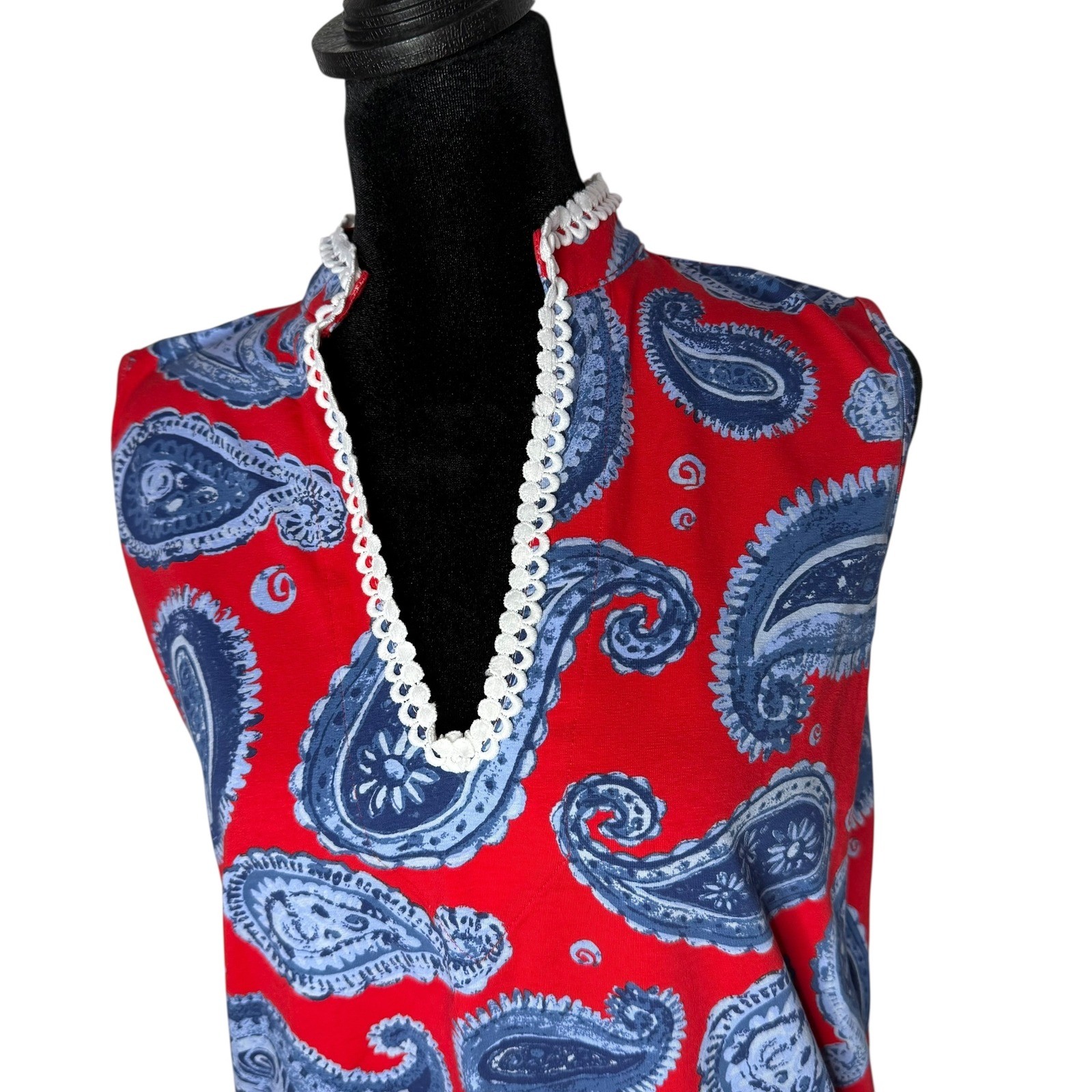 Ana Clare Paisley Shift Short Dress Size L Red Lace Trim Coastal Resort wear
