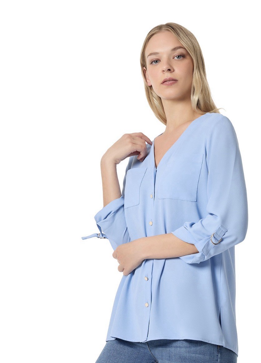 Blue Solid Maternity V-Neck Button Front Roll-Tab 3/4 Sleeve Blouse S