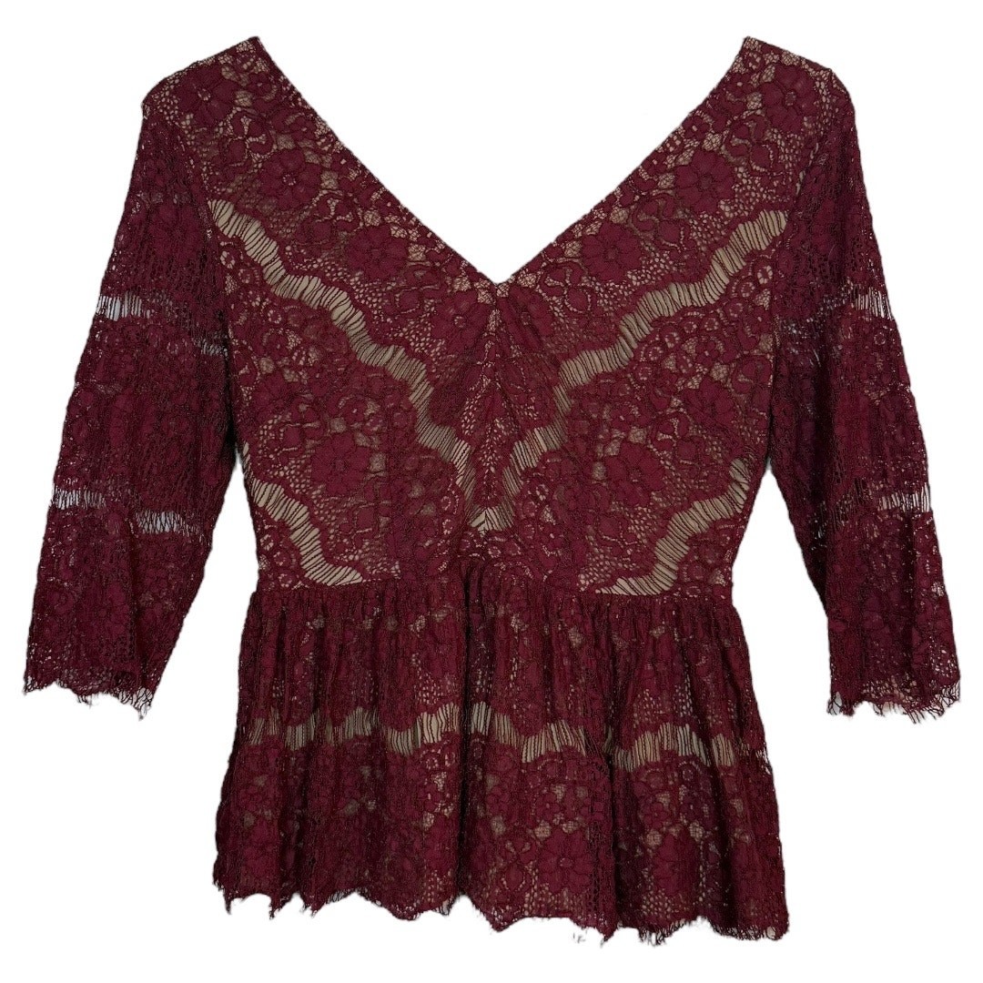 Maeve Anthropologie burgandy lace 3/4 sleeve peplum blouse – small